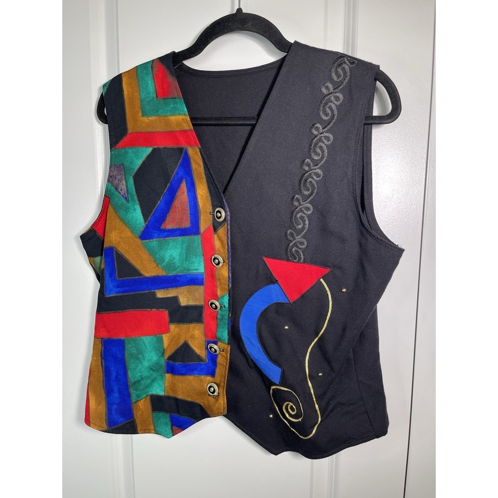 Vintage Eva 90s Streetwear Geometric Button Vest Size 14 Multicolor Made‎ in USA